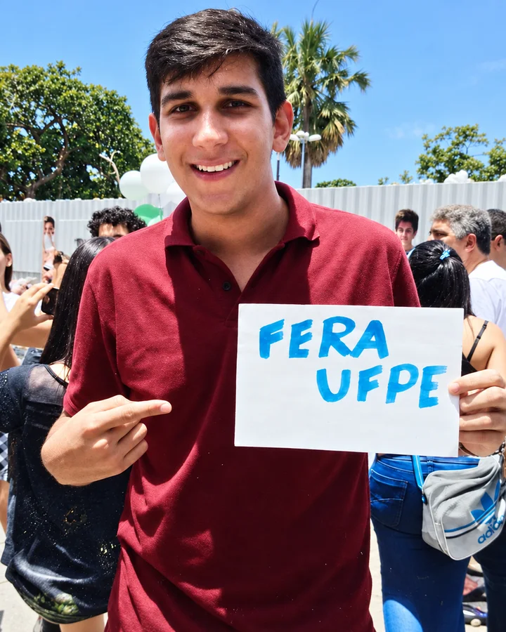 Lucas Gustavo com o cartaz Fera UFPE, em 2014