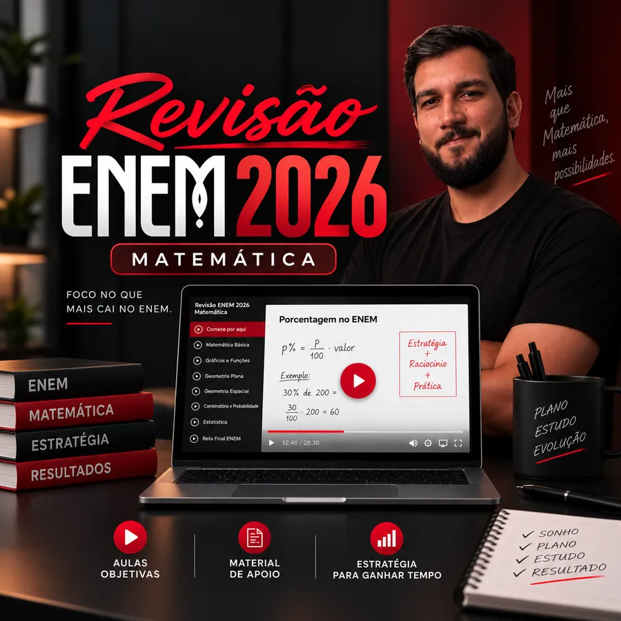 Revisão ENEM 2026 Matemática, com o professor Lucas Gustavo: aulas objetivas, material de apoio e estratégia para ganhar tempo