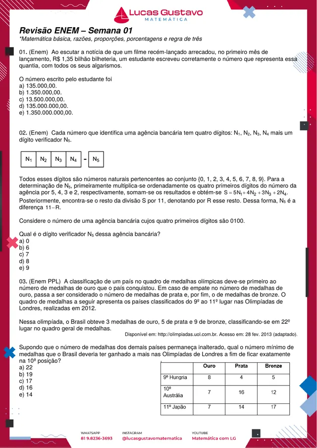 Página da Semana 01 da apostila, com questões de matemática básica