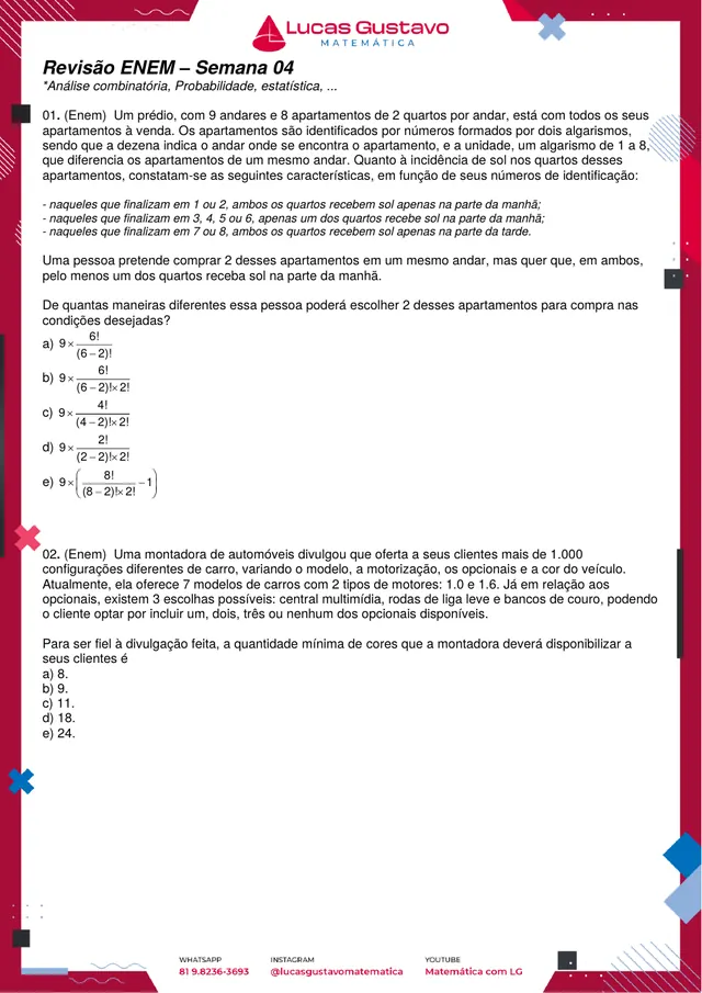 Página da Semana 04 da apostila, com questões de análise combinatória